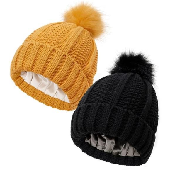 2 Pack Women's Winter Beanie Hat Satin Lined Cable Knit Beanies Black Yellow